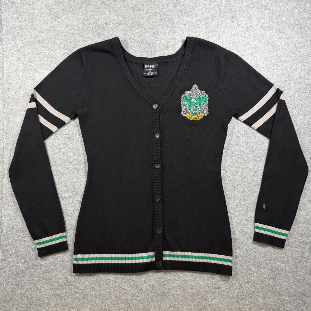 Harry Potter Slytherin Cardigan Womens M Black Button Front Crest Embroidery